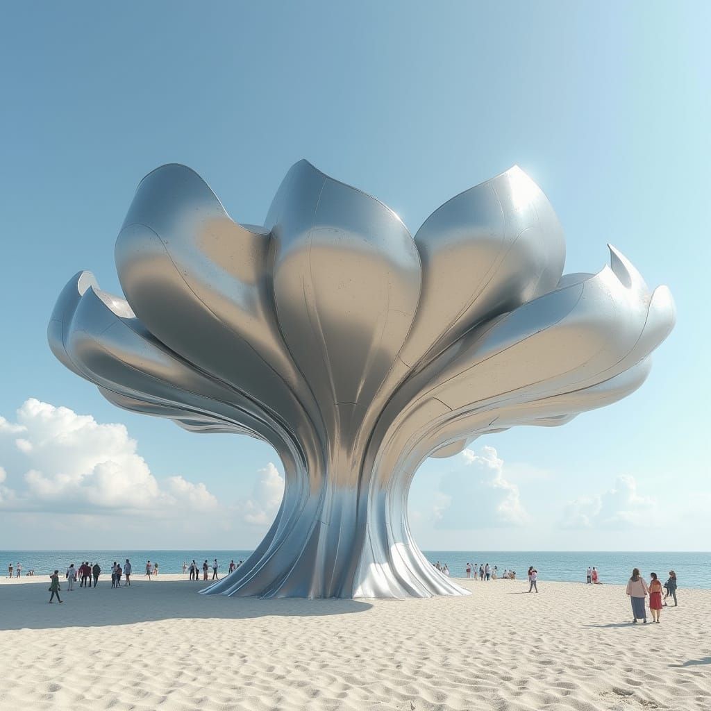 Futuristic Steel Sculpture Canopy on Sea Sand