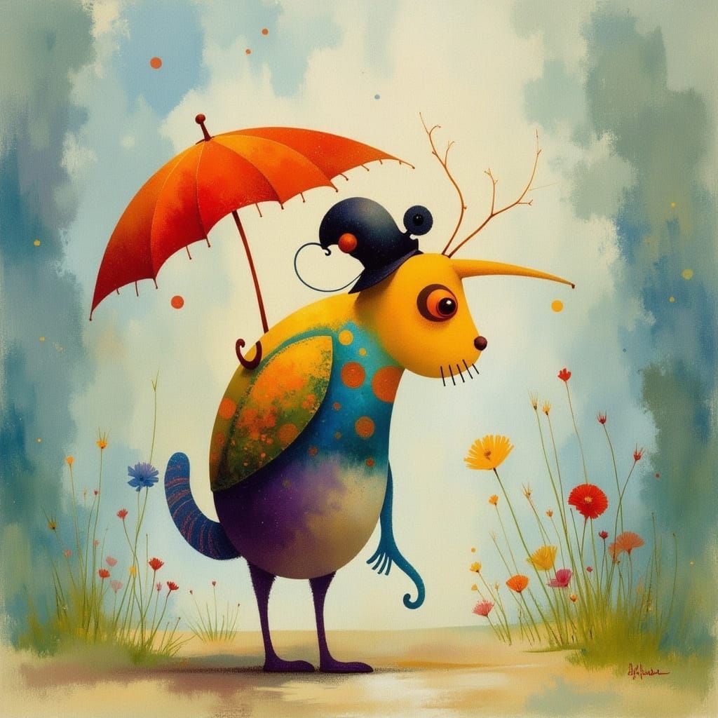 Whimsical Creature with Umbrella in Rainy Sunshine
