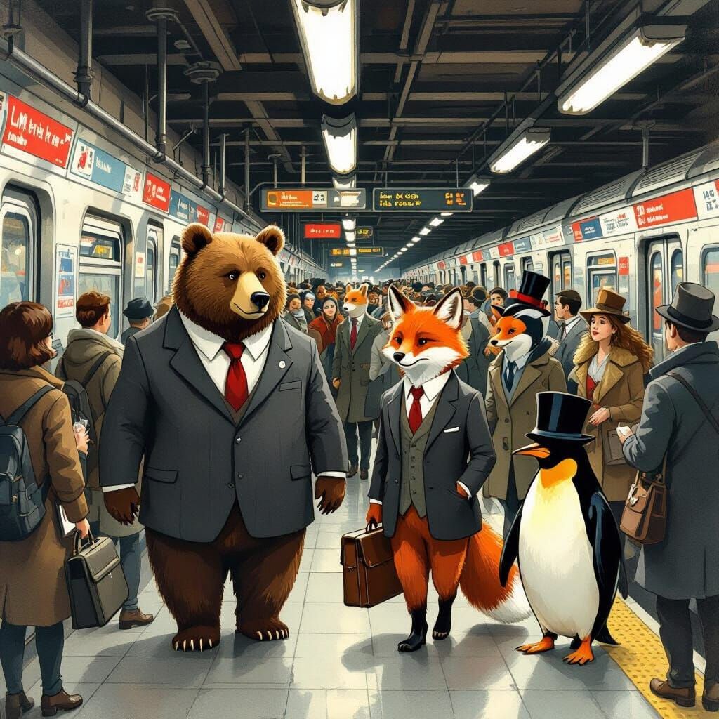 Animals on Rush Hour Subway Platform in Stylized Illustratio...