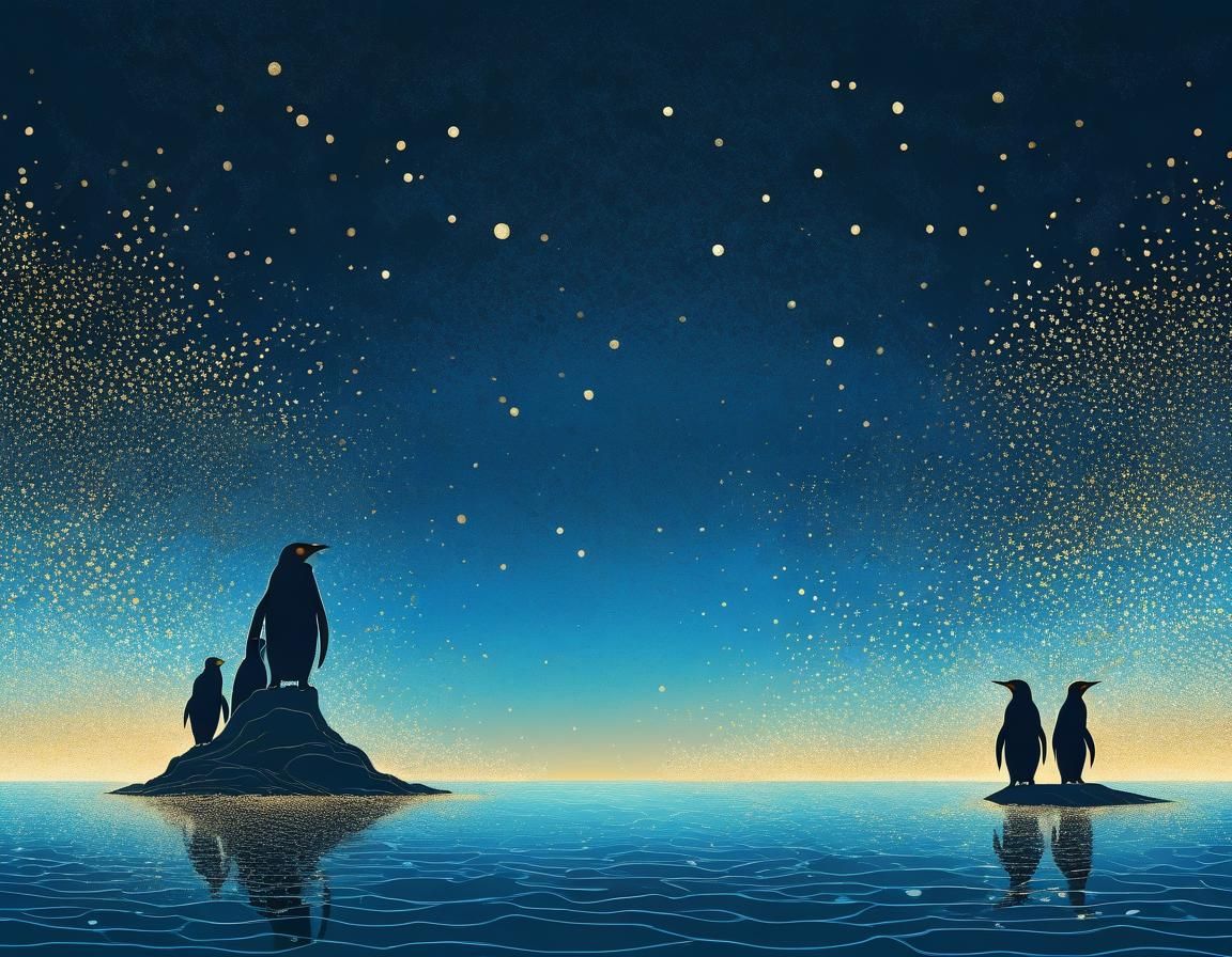 Ethereal Penguins in Abstract Ukiyo-e Style