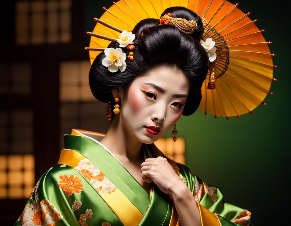 Empowered Geisha in Rococo Kimono: Hyperrealistic Portrait