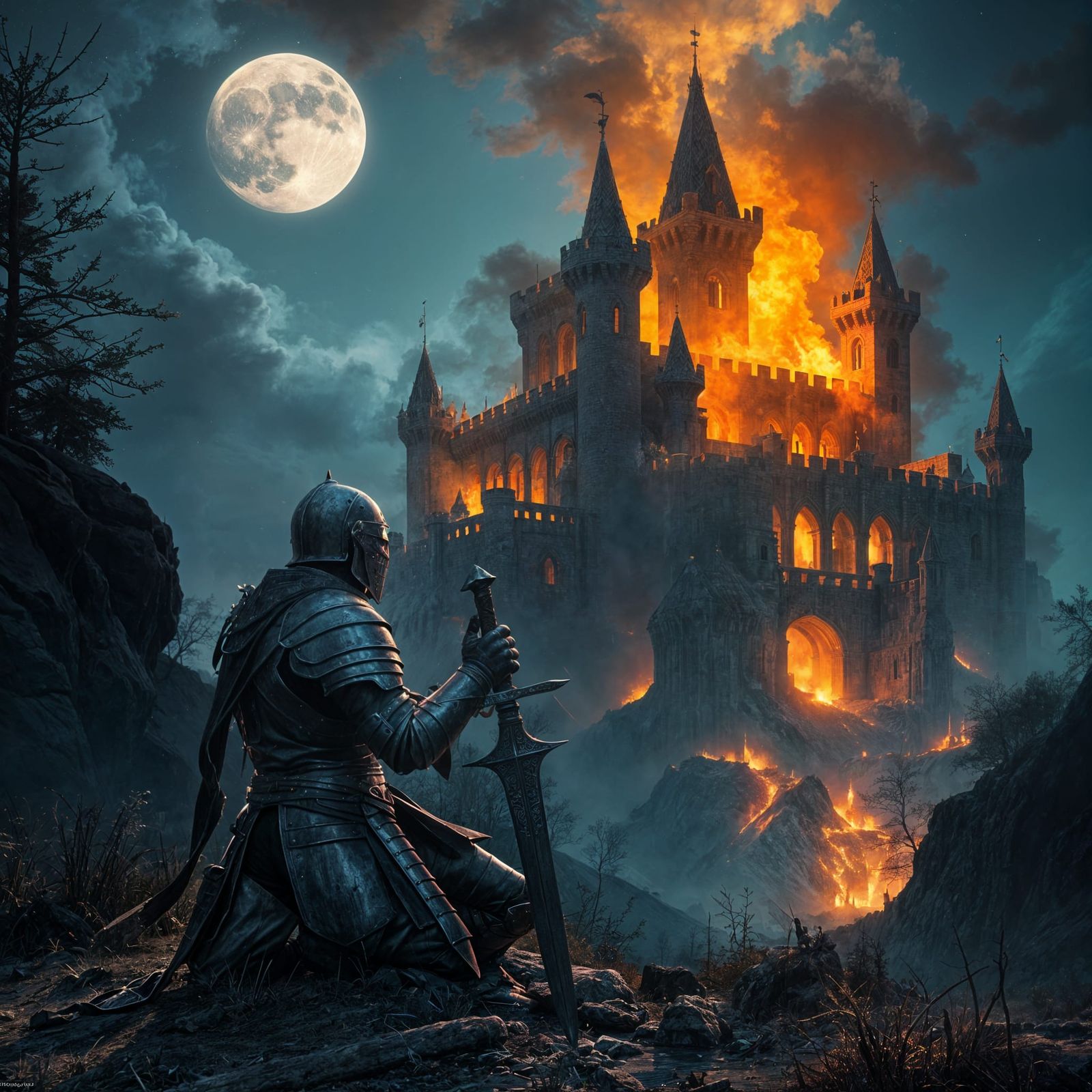 Knight in Despair under Burning Castle at Moonlit Night