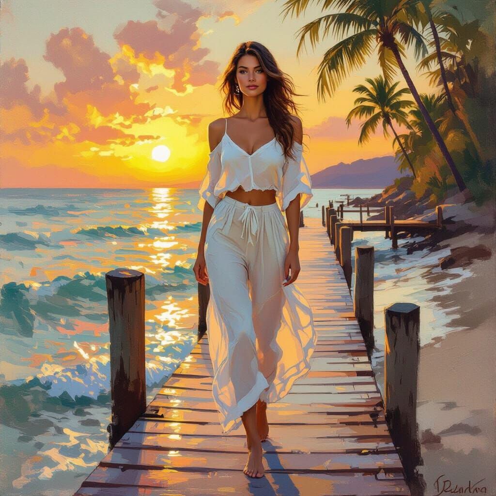 Woman on Beach Dock at Sunset, Monet & Turner Inspired
