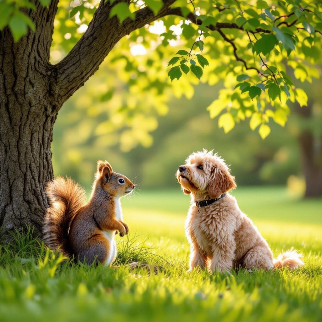Squirrel and Dog in Sunny Photorealistic Scene