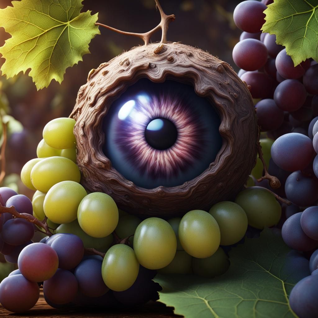 Giant Hairy Eyeball Eats Grapes: Fantasy Art