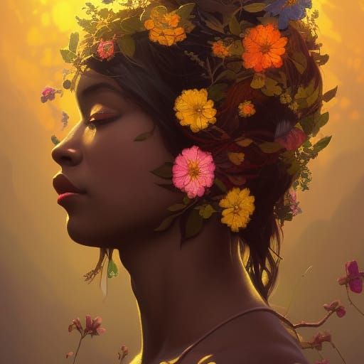 Dark Elf Drowning in Flowers: Hyperdetailed Portrait