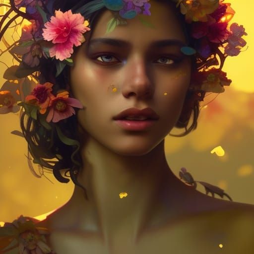 Dark Elf Drowning in Flowers, Detailed Portrait