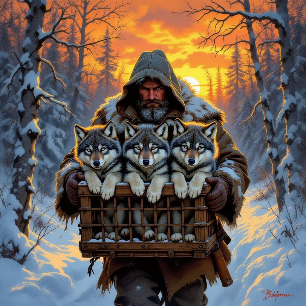 Wolf Hunter Carries Cubs in Snowy Twilight