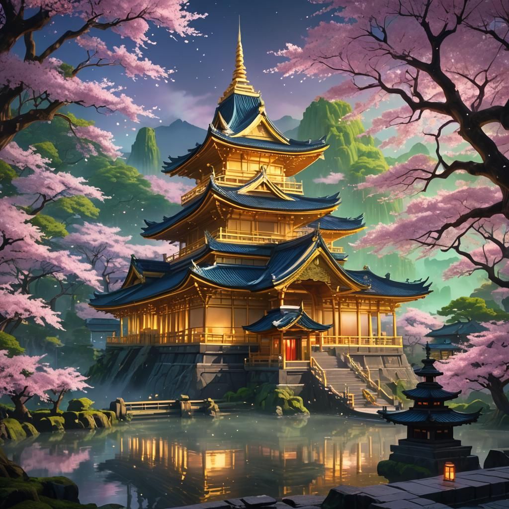 Neon-Lit Anime Temple in Lush Greenery