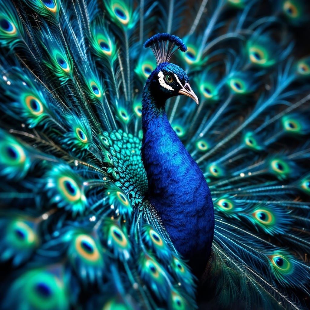 A beautiful, majestic peacock with the greenest of eyes. The peacock has its back feathers all out