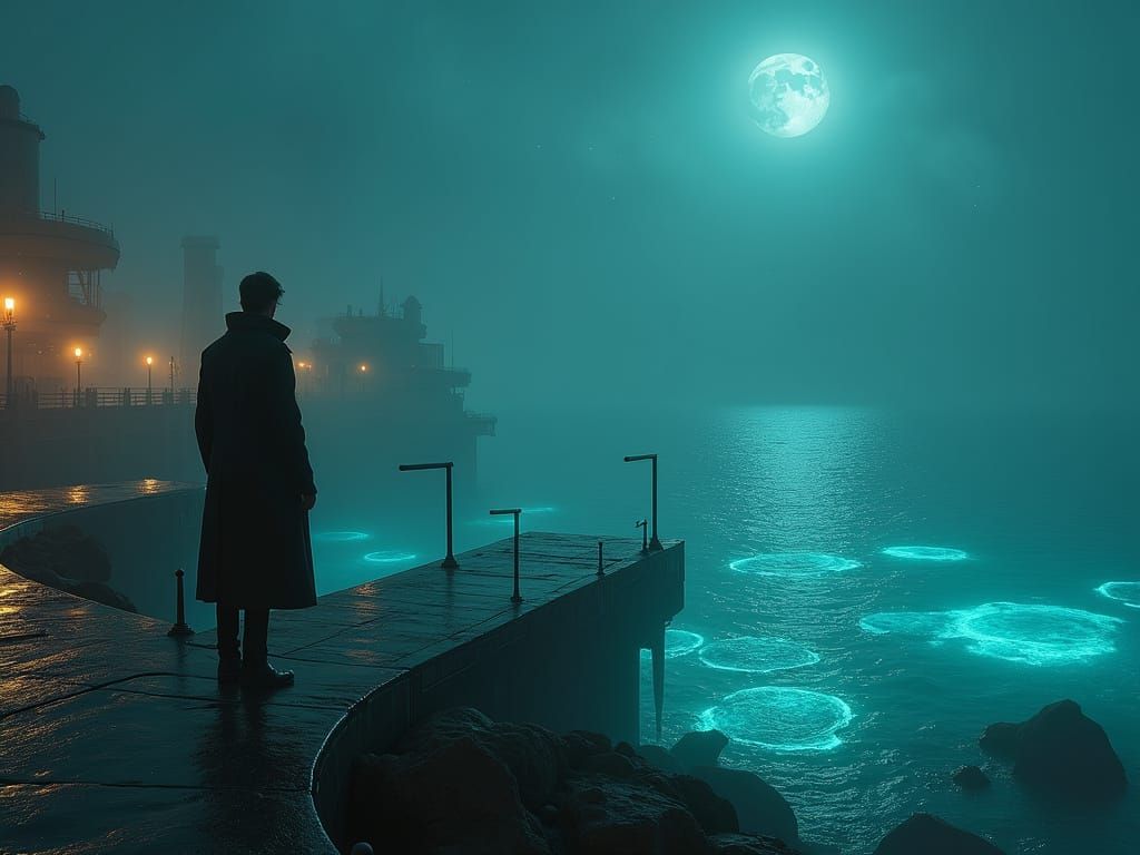 A lone figure stands on a futuristic pier on a misty summer ...