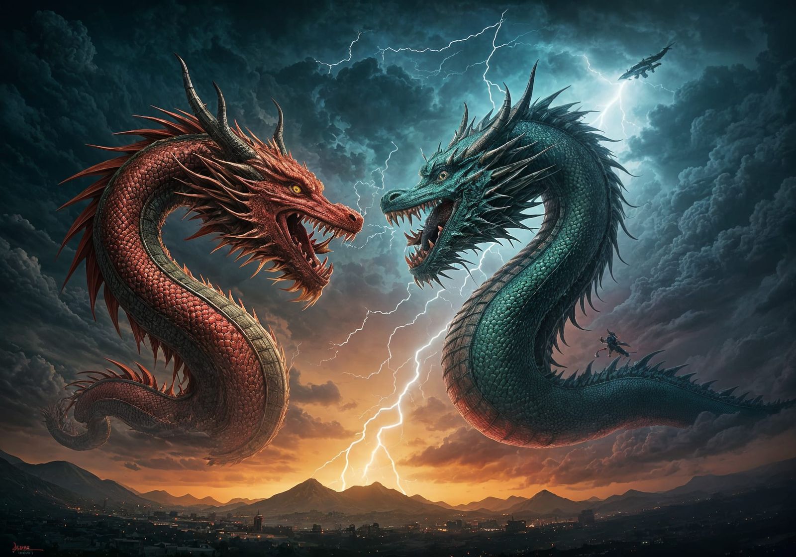Epic Battle of Chinese Dragons in Lightning Storm