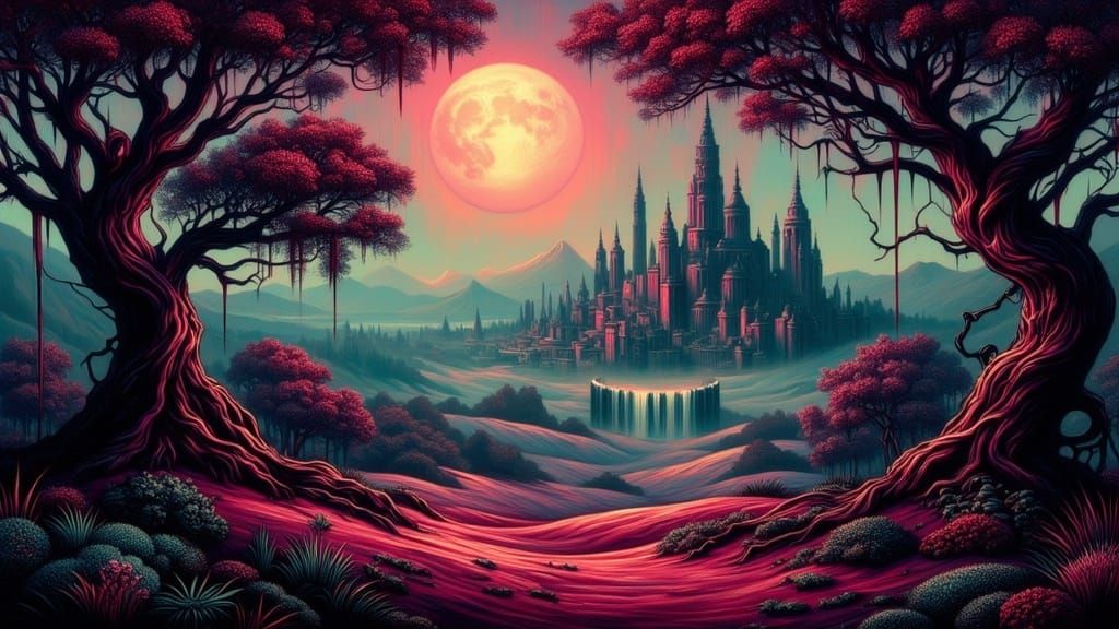 Surreal Twilight Metropolis Amidst Crimson Mountains and Gre...