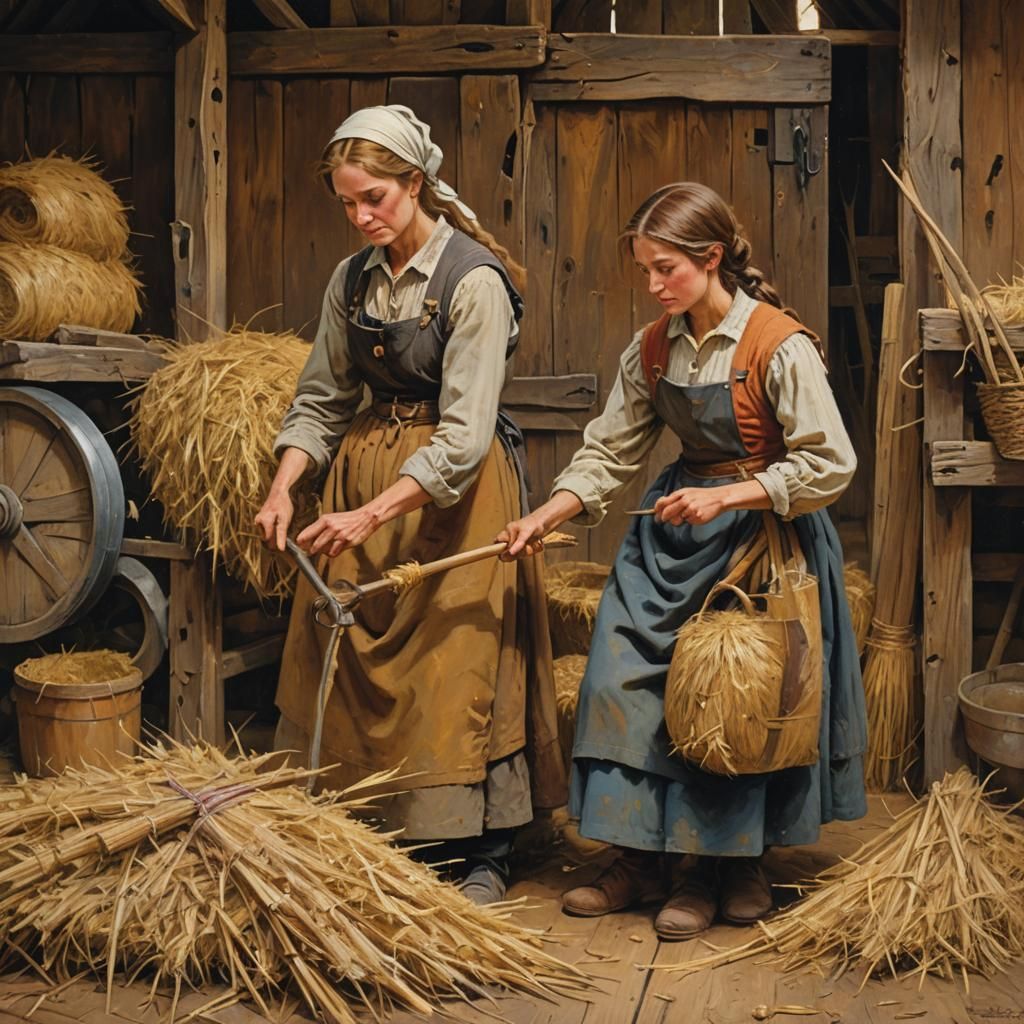Medieval Mother and Daughter in Barn, as Oil Painting