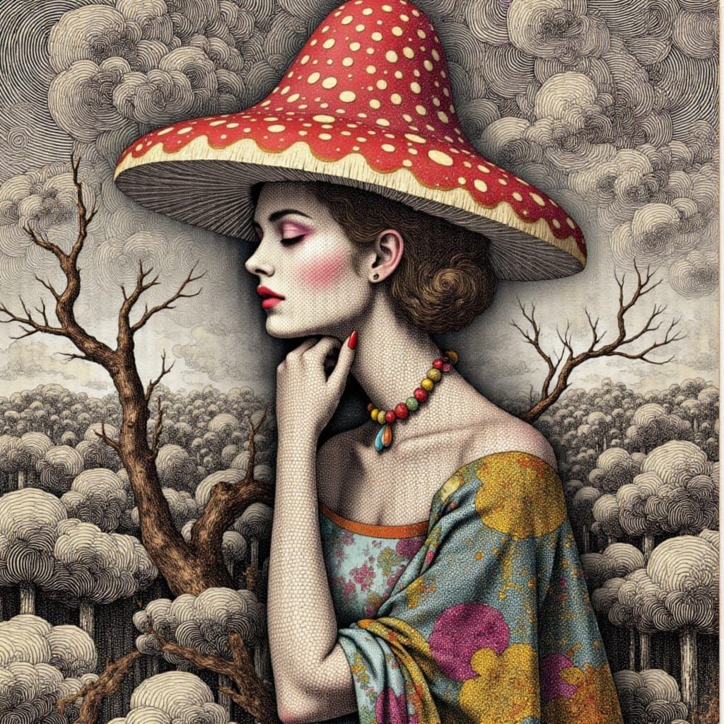 Surreal Mushroom Woman Portrait in Dalí Magritte Style