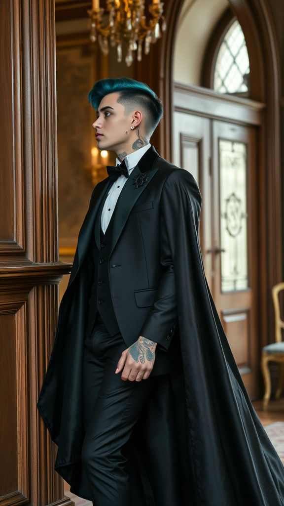 Elegant Nonbinary Person in Floral Cape at Victorian Event