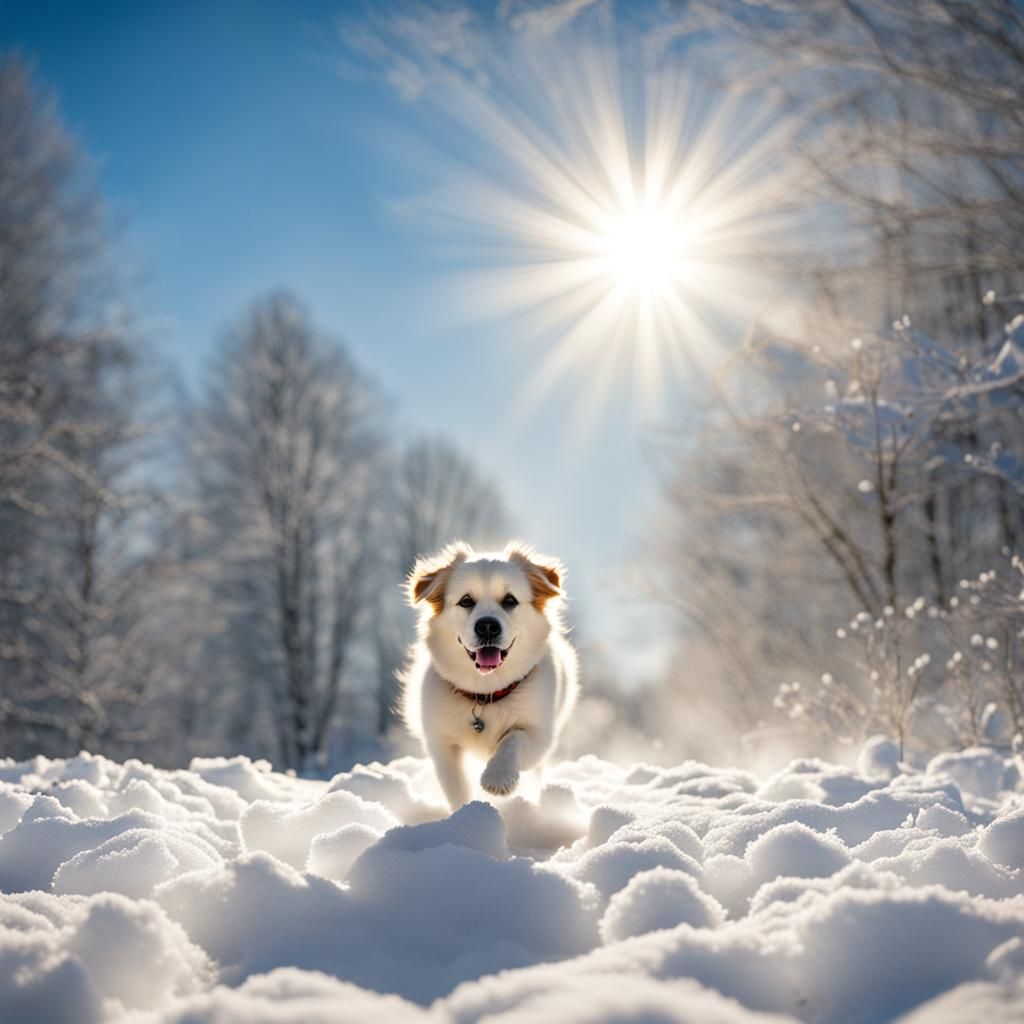 Dog in Snow Globe with Heavenly Light