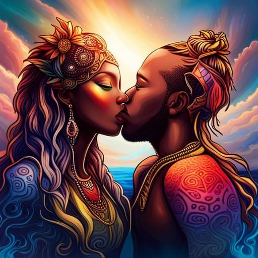 God and Goddess Kiss in Graffiti Art Style
