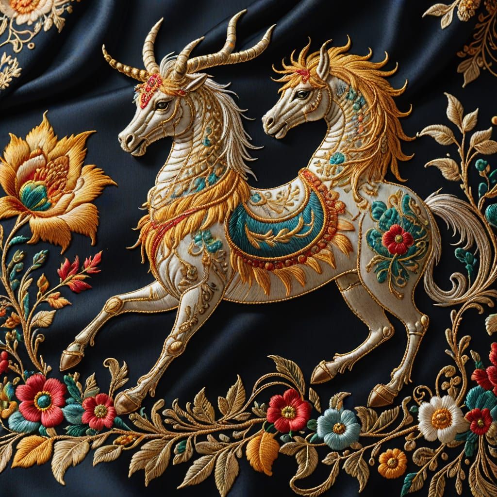 A mythical creature embroidered on a silk scarf 2