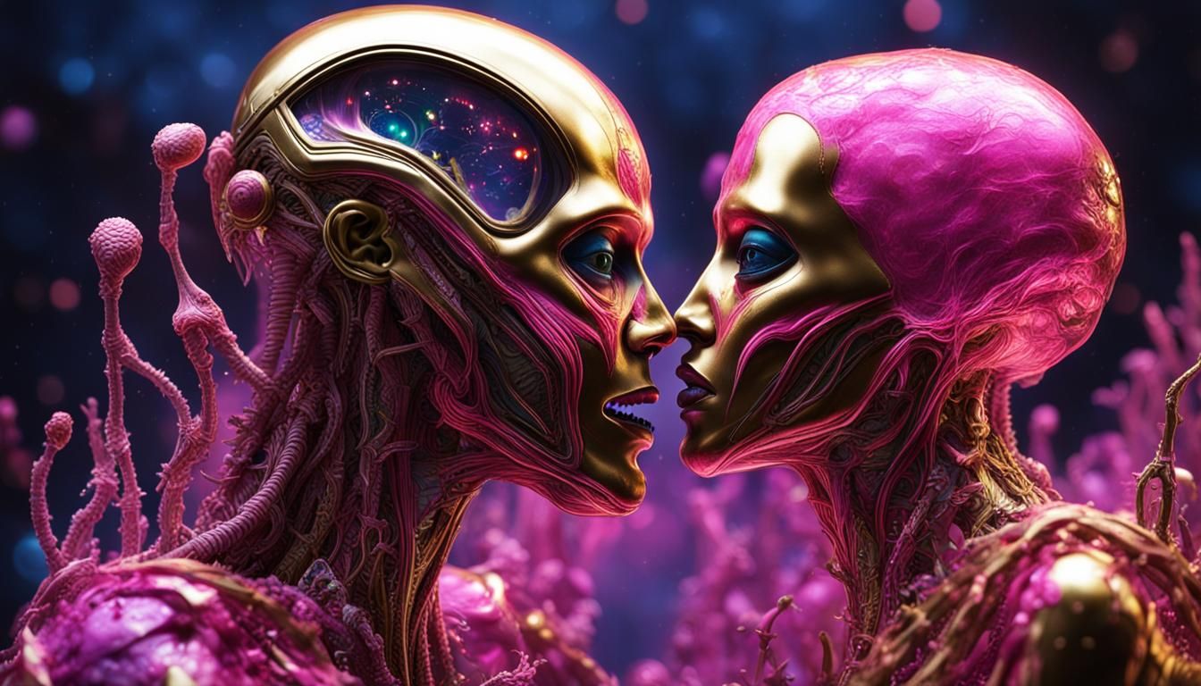 Alien Romance in Bioluminescent Light: Photorealistic Kiss