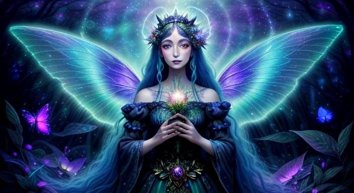 Gothic Fairy with Bioluminescent Wings as Surreal Painting