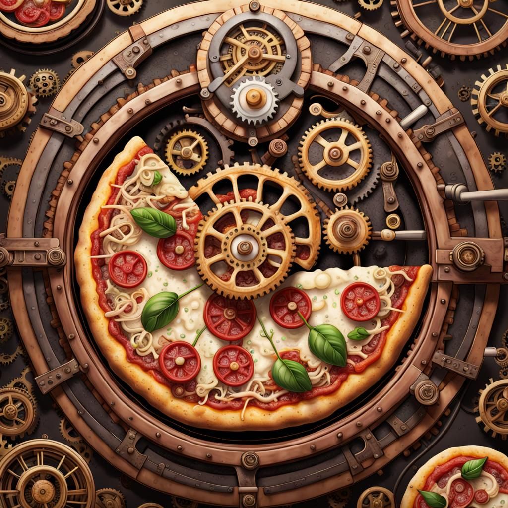 Steampunk Pizza with Intricate Mechanical Details