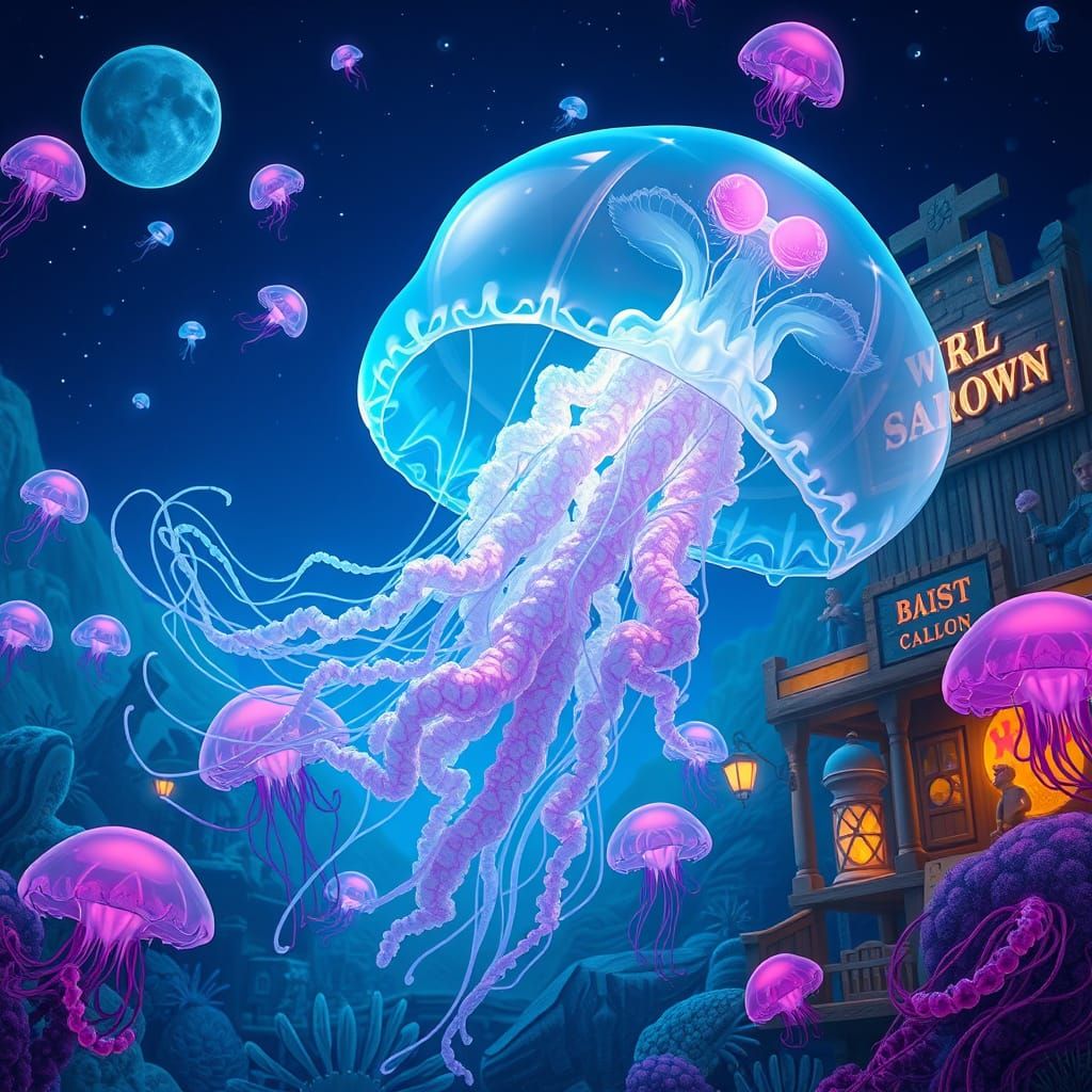 Bioluminescent Jellyfish Saloon in Hyperrealistic Style