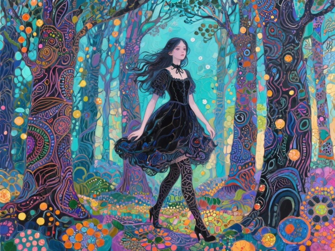 Gothic Woman in Forest: Pop Art Surrealism Impasto Zentangle...
