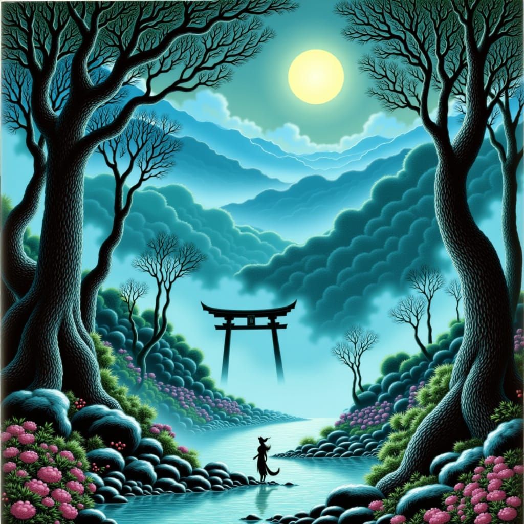 Mystical Japanese Village with Nine-Tailed Fox in Woodblock ...