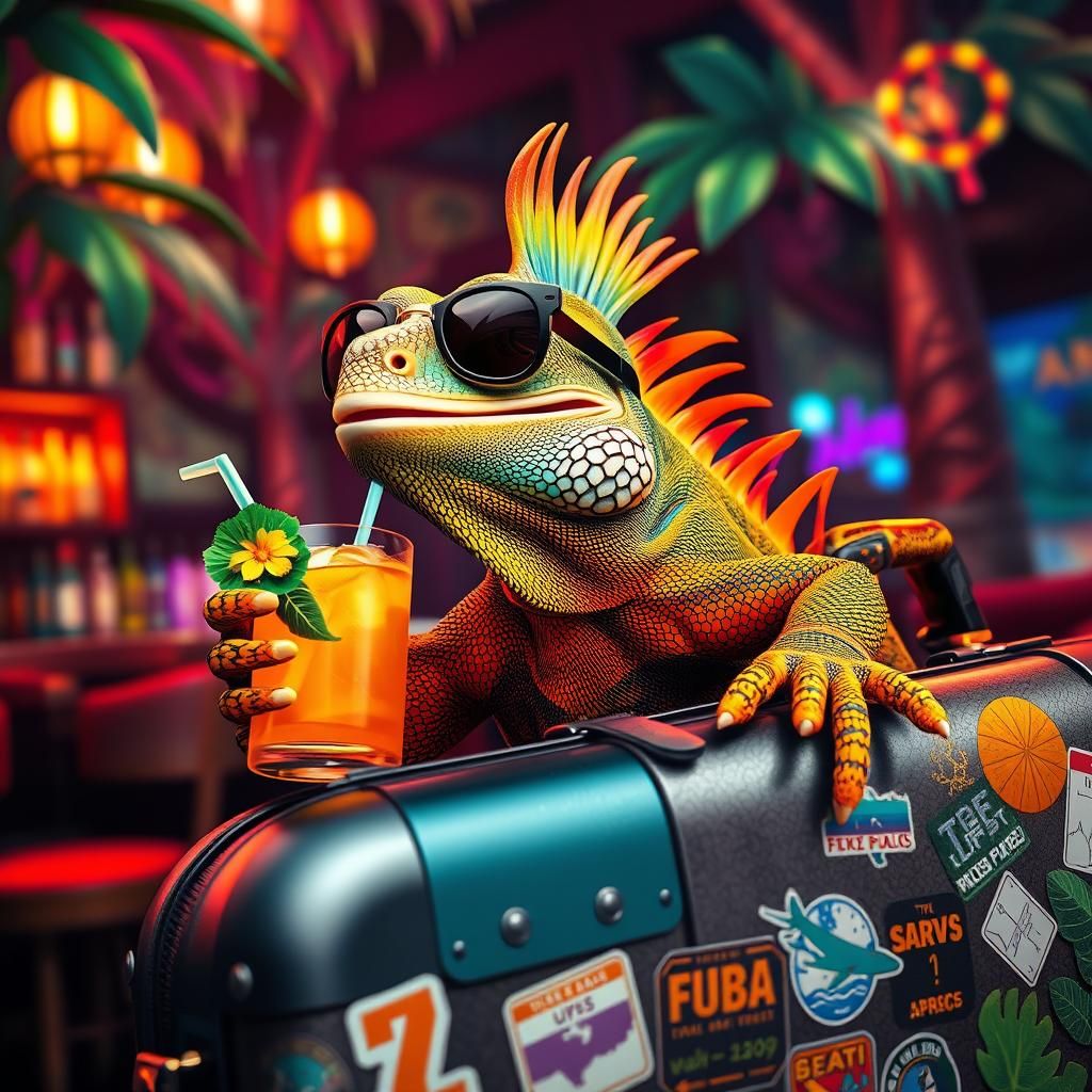 Rainbow Iguana Sipping Cocktail in Rainforest Bar