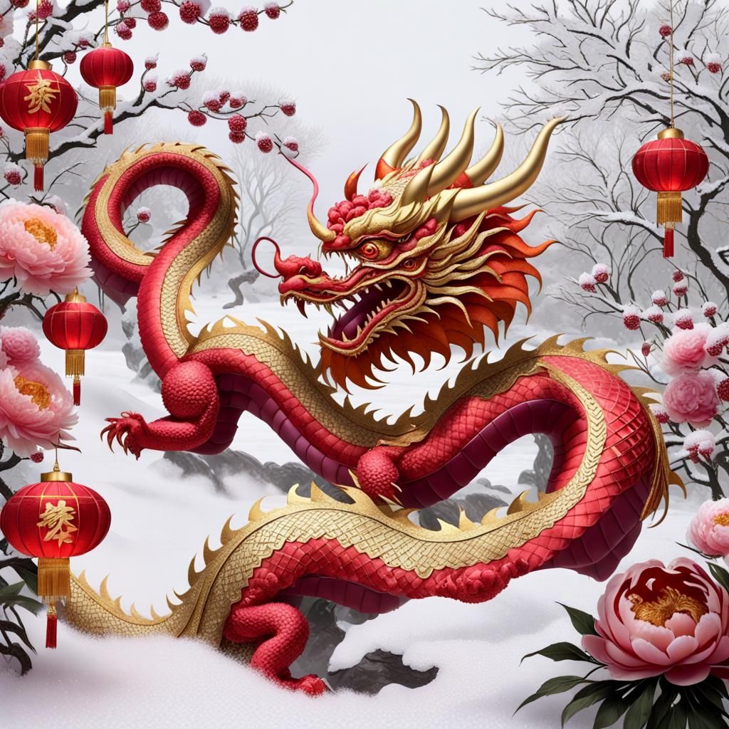 Ethereal Chinese New Year Dragon in Winter Snow