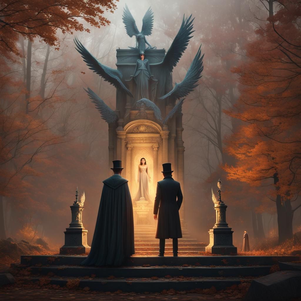 Winged Goddess and Man in Misty Forest