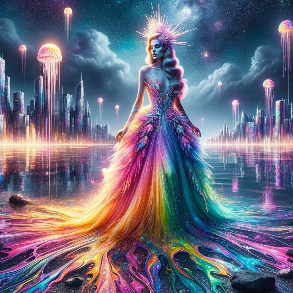 Radiant Woman in Surreal Graffiti Cityscape