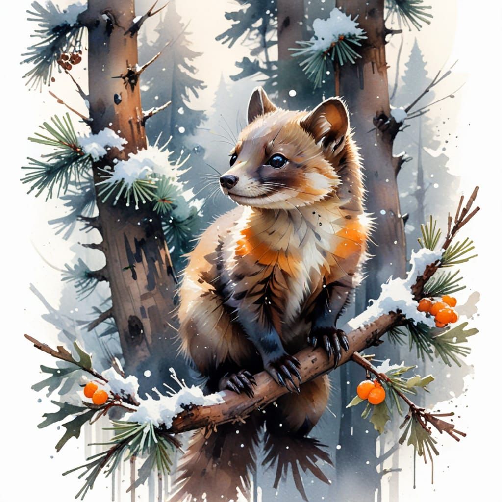 American Marten in Snowy Forest, Watercolour Style