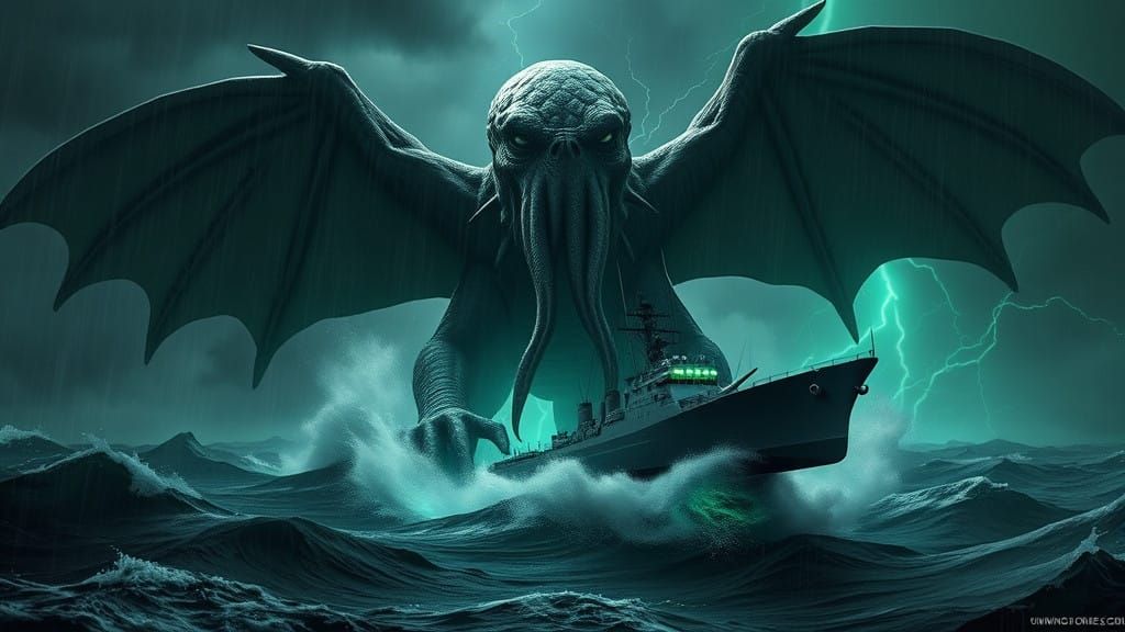 Colossal Cthulhu Emerges from Ocean Depths in Cyberpunk Styl...