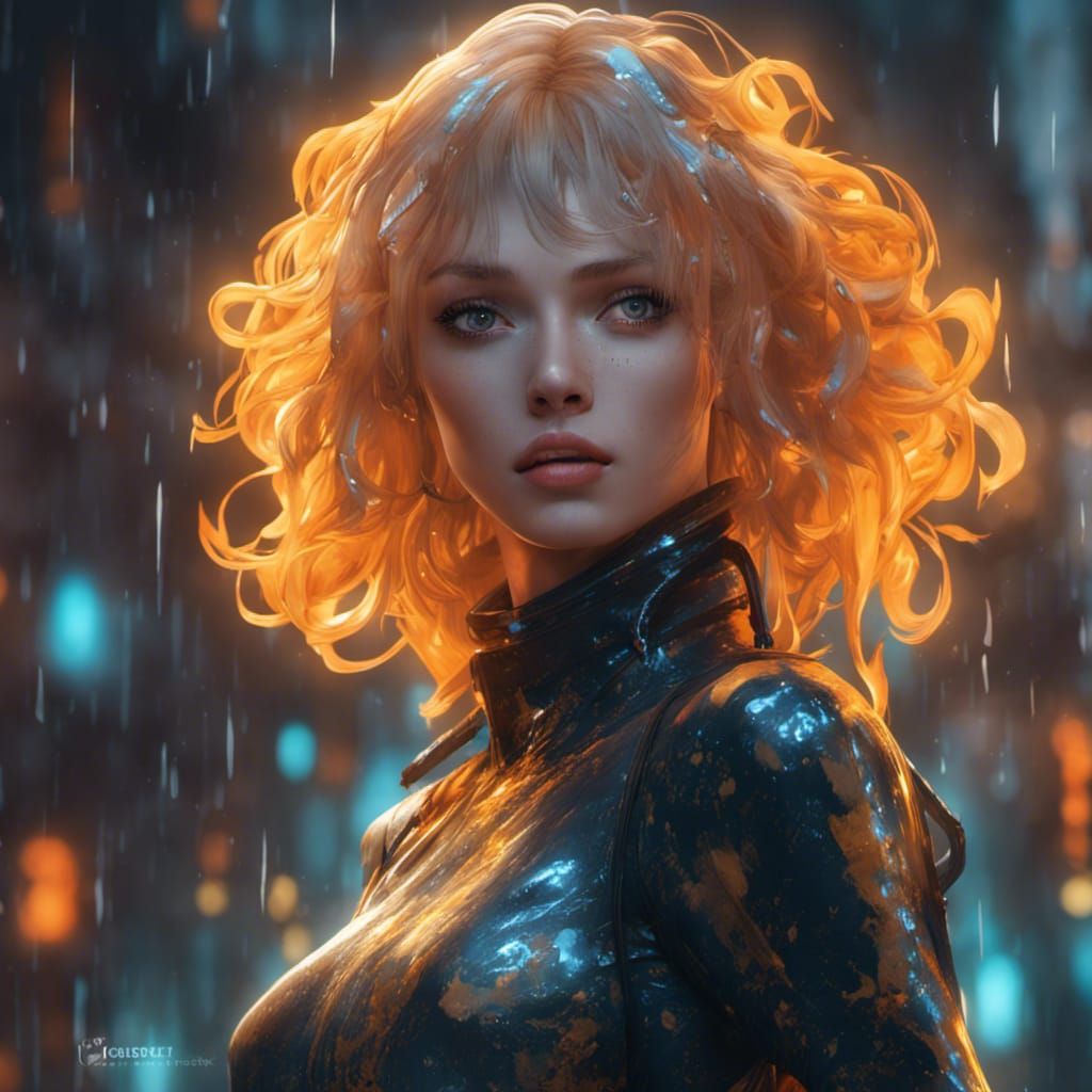 Goddess with Blue Hair and Golden Energy