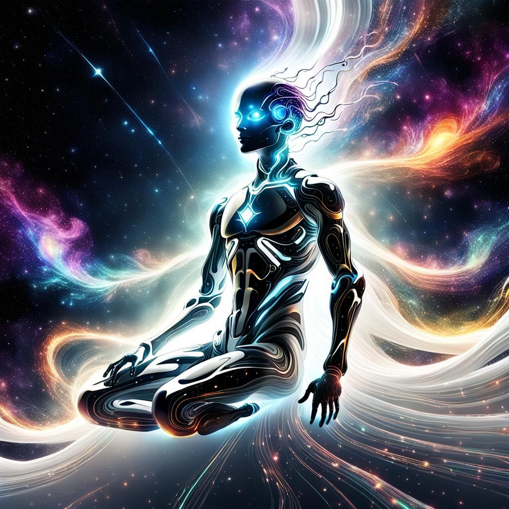 Glowing Cosmic Figure in Surreal Digital Art