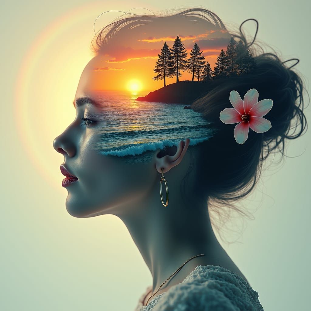 Dreamlike Landscape in Woman's Hair, Surreal Art