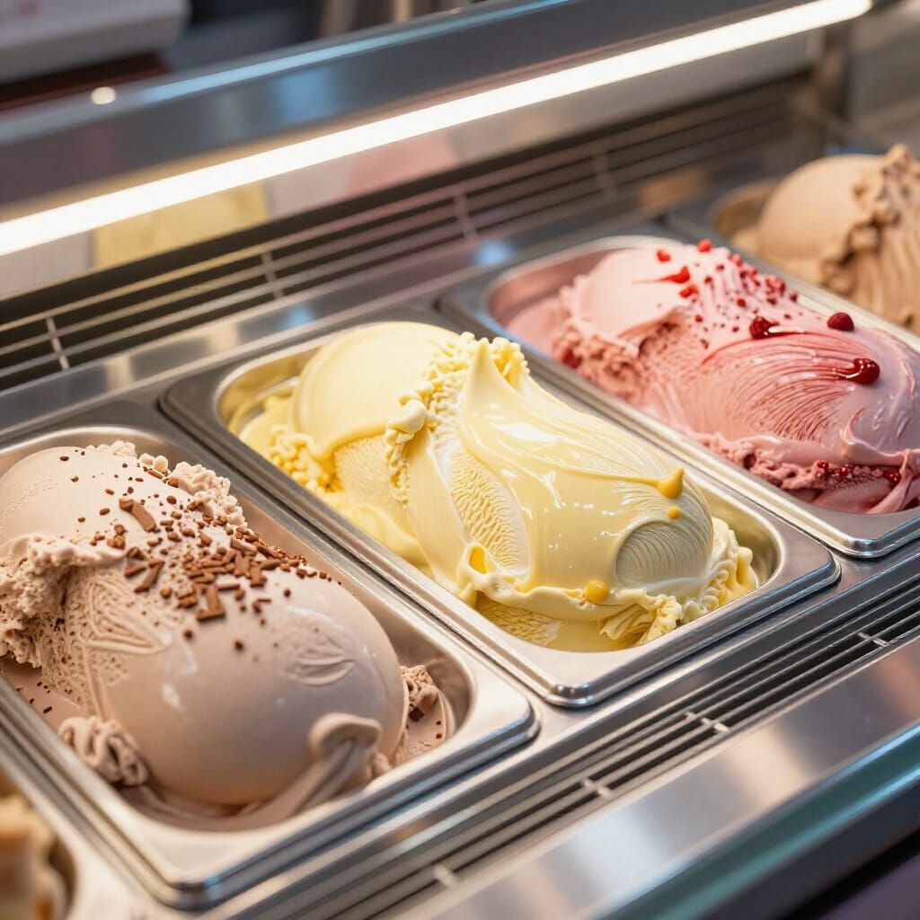 Artisanal Ice Cream Display in Polished Steel Containers