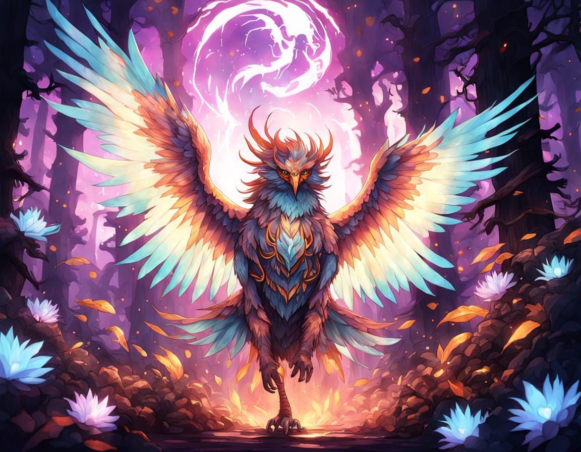 Harpy with Glowing Tattoos in Neon Manga Painting