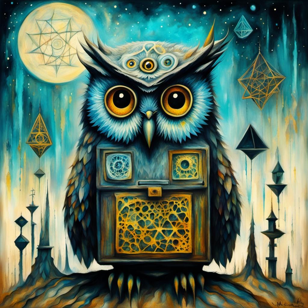 Surreal Owl Namaste in Abstract Futurism Style