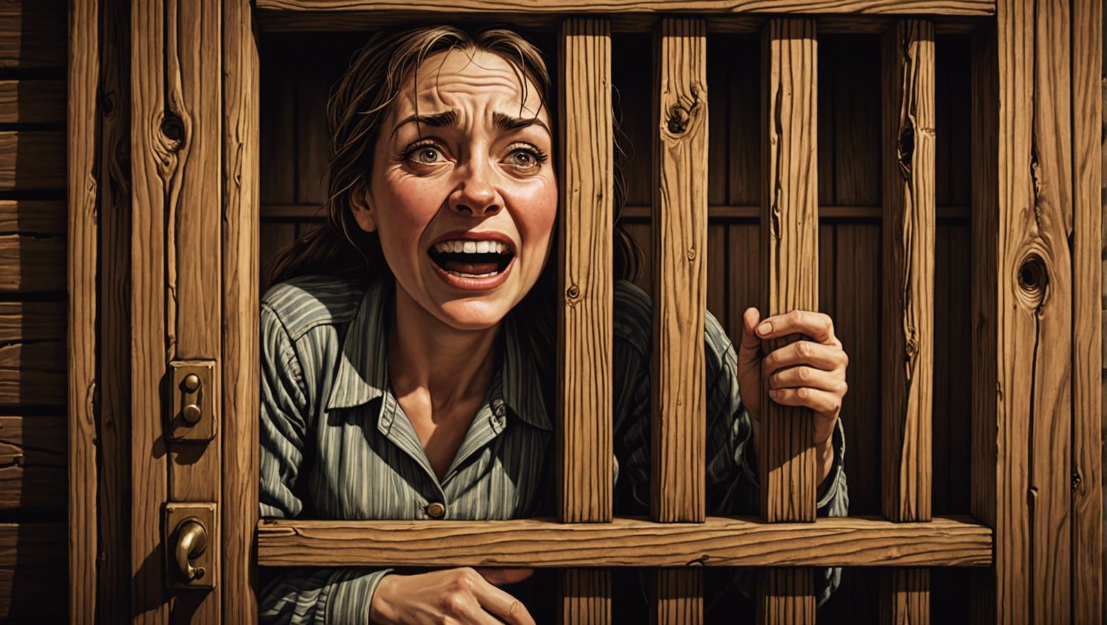 Crying Woman in Jail Cell with Humorous Sign