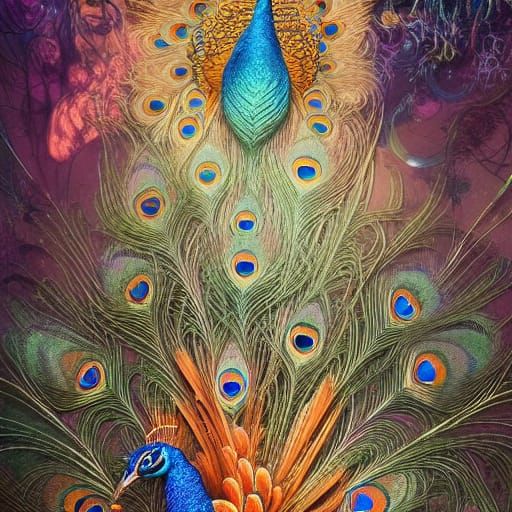 Intricate Peacock Feathers in Psychedelic Matte Painting