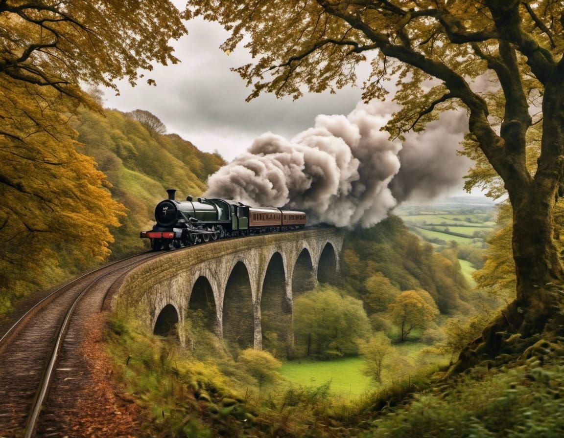 Steam Train on Viaduct in British Countryside