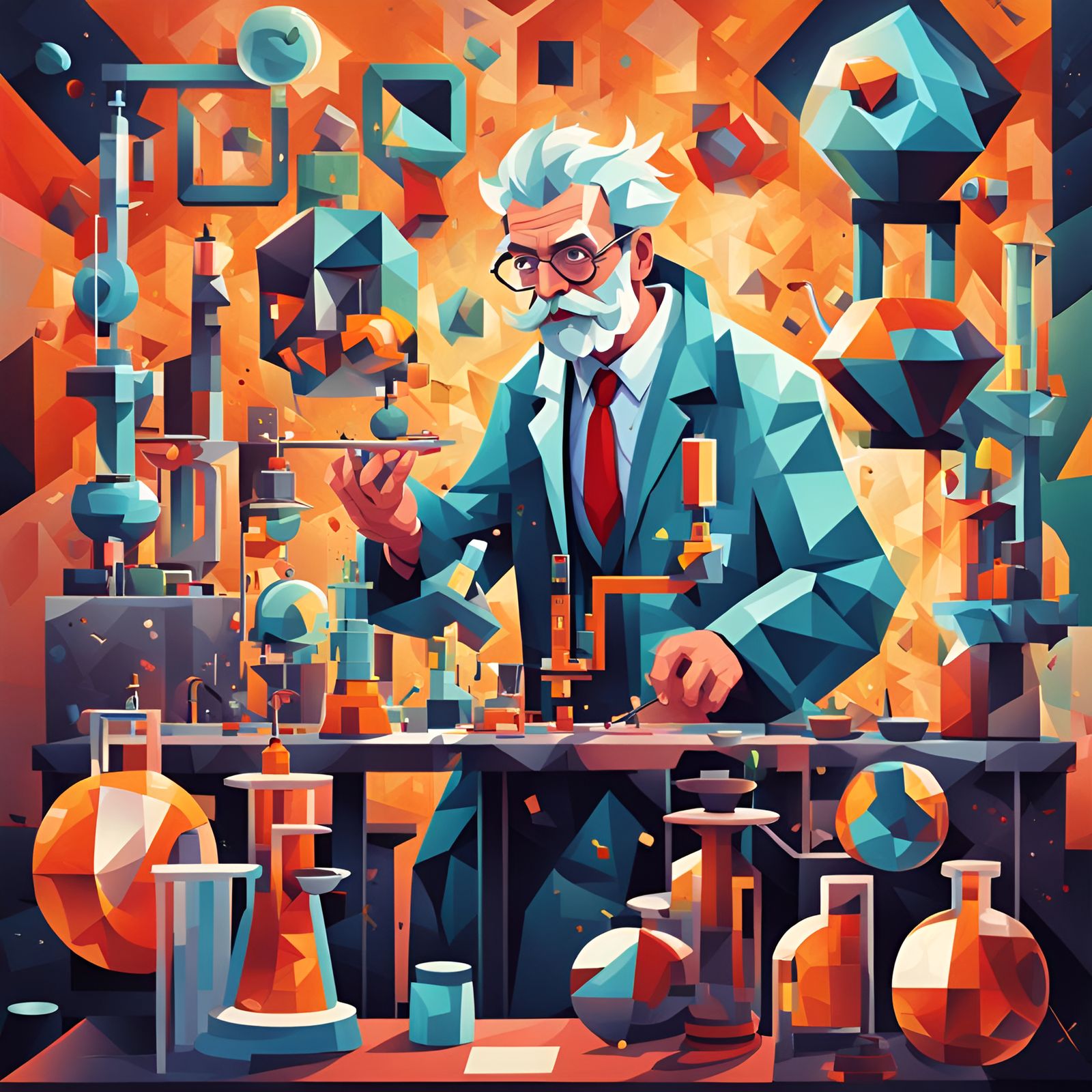 Cubist Mad Scientist in Laboratory Experiment