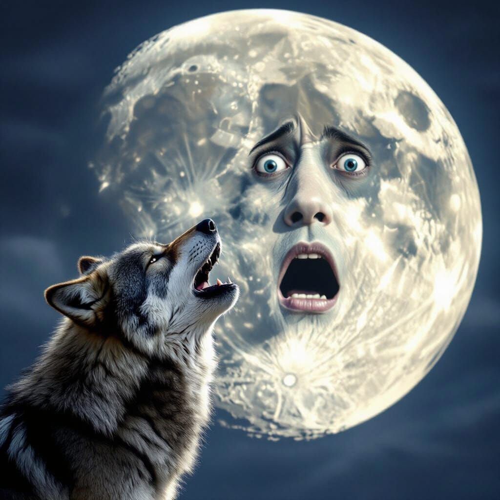 Wolf Howling at Frightened Moon