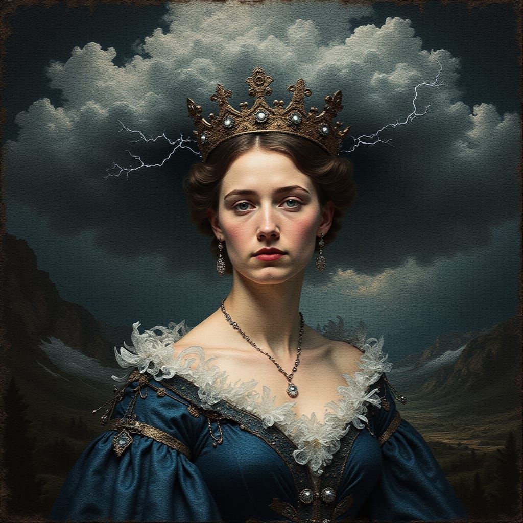 Regal Queen with Storm Cloud Crown in Dramatic Portrait