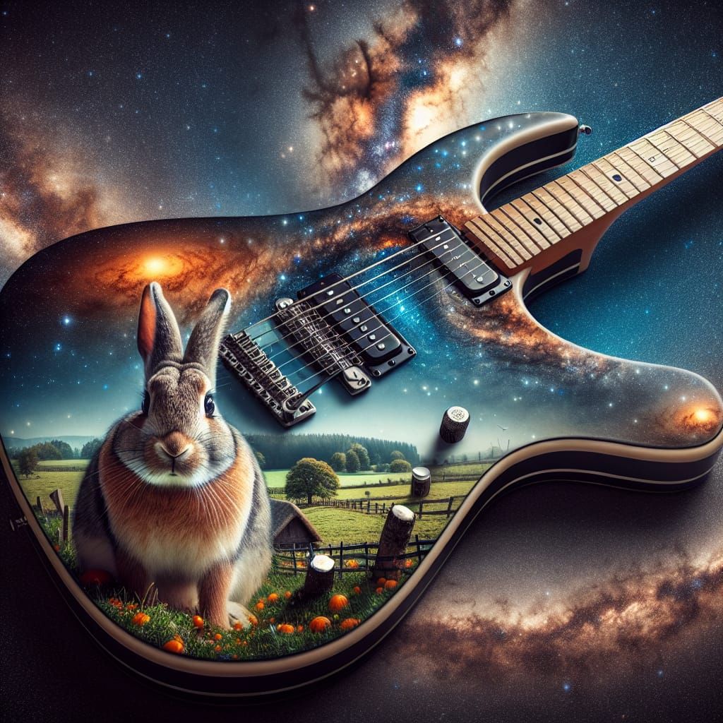 Electric Guitar Amidst Starfield with Rural Landscape