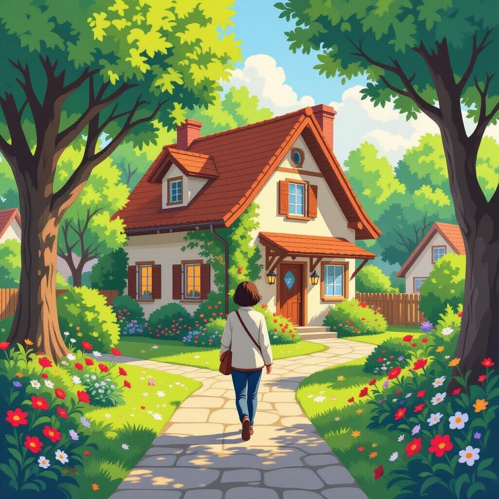 Cozy Home Surrounded by Lush Trees in Anime Style