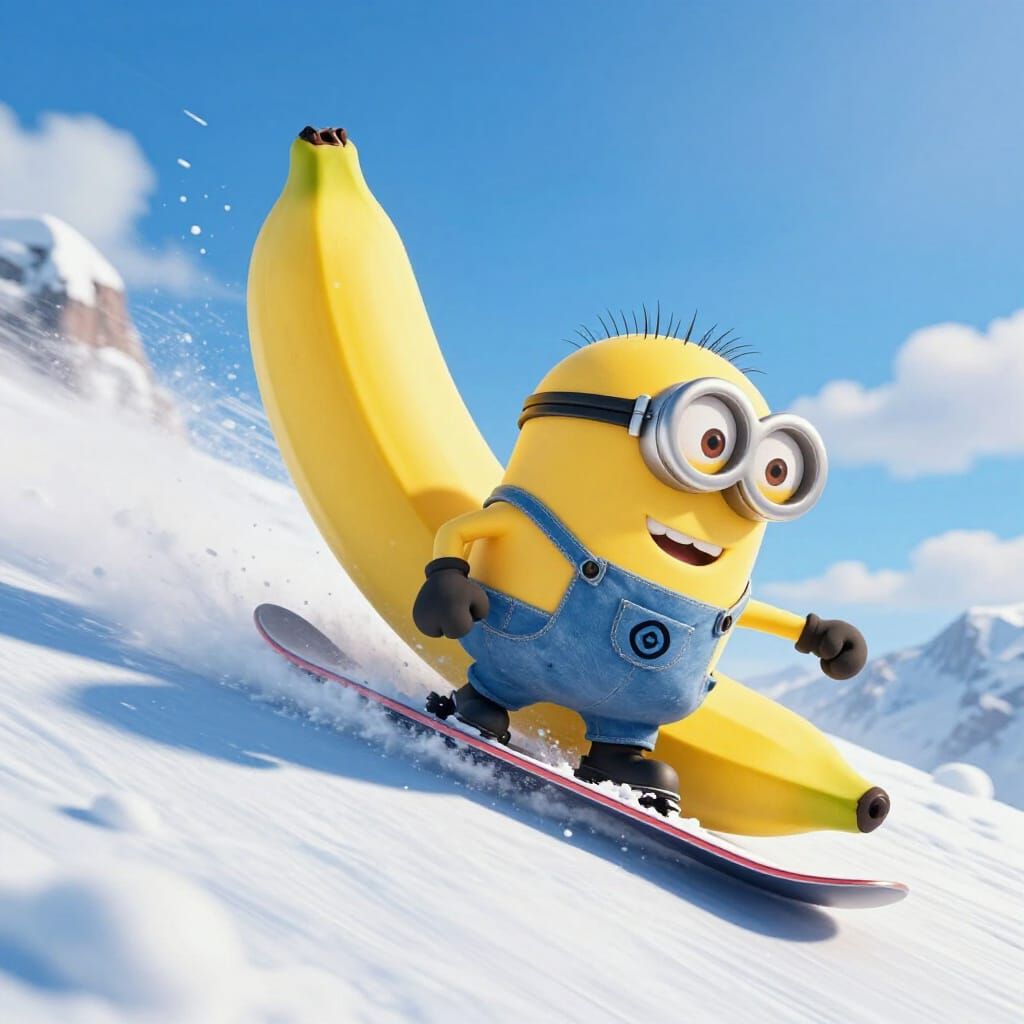 Gru Snowboarding Downhill on a Giant Banana